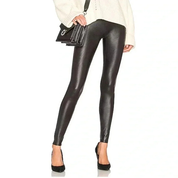 SPANX Faux Leather Black Leggings Stretch Elastic Waist Casual Compression Pants - Picture 1 of 14